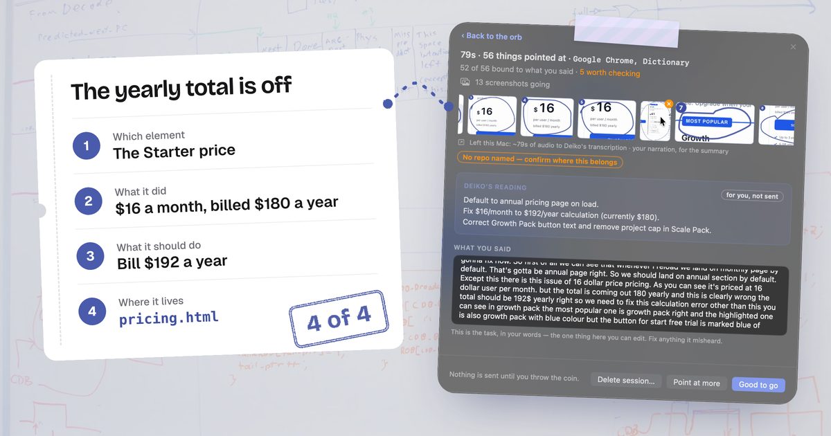 A four-part bug report (which element, what it did, what it should do, where it lives) pinned next to Deiko’s real review card, with the lassoed $16 price crops and the spoken description it came from.