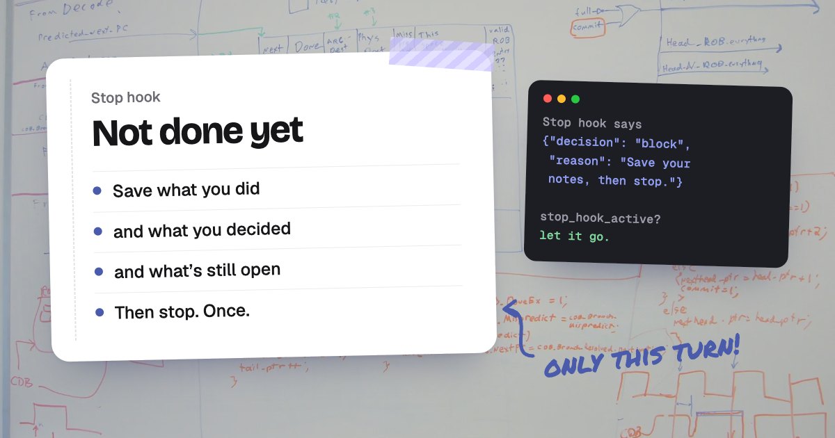 A white card on a whiteboard headed “Not done yet”: save what you did, what you decided and what’s still open, then stop, once. Beside it a terminal shows the Stop hook’s block decision and “stop_hook_active? let it go.”, and a marker arrow says “only this turn!”.