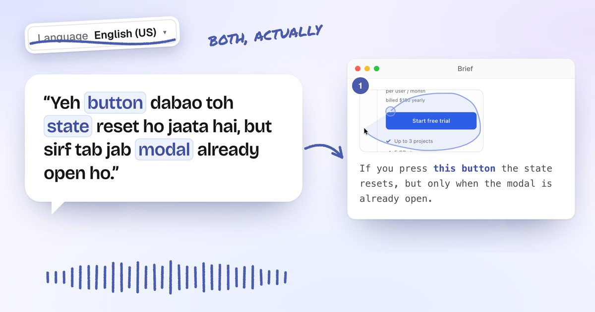 A speech bubble in Hinglish, “Yeh button dabao toh state reset ho jaata hai…”, turning into an English brief with a cropped screenshot of the button, and a language picker crossed out.