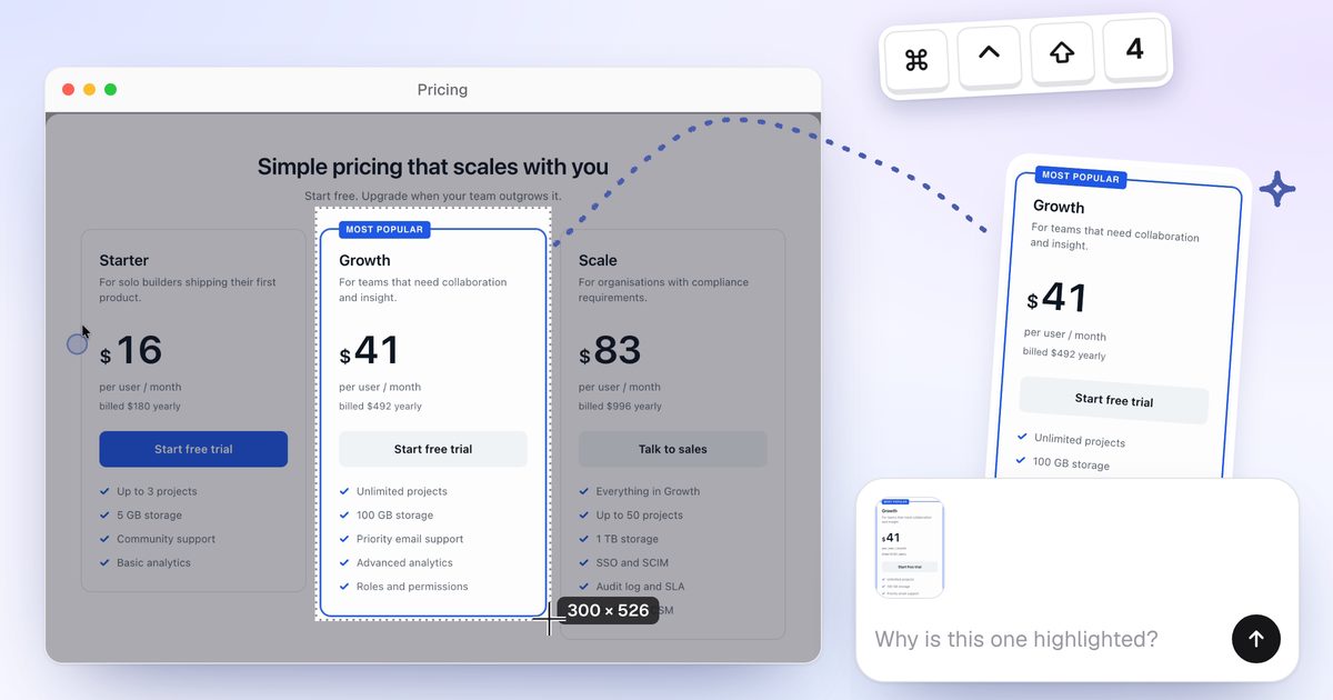 A pricing page with just the Growth plan selected by a screenshot crosshair, the crop lifting out and attached to a chat message, with the Command-Control-Shift-4 keys above.