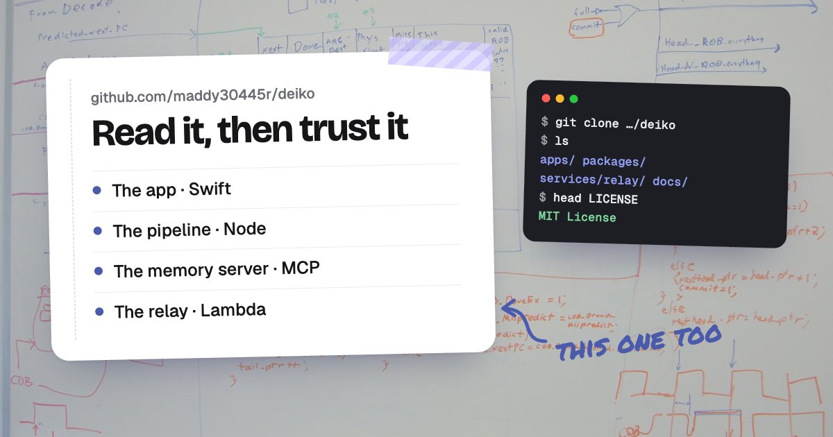 A white card on a whiteboard headed “Read it, then trust it”, listing the app, the pipeline, the memory server and the relay, with a hand-drawn marker arrow pointing at the relay line and the note “this one too”.